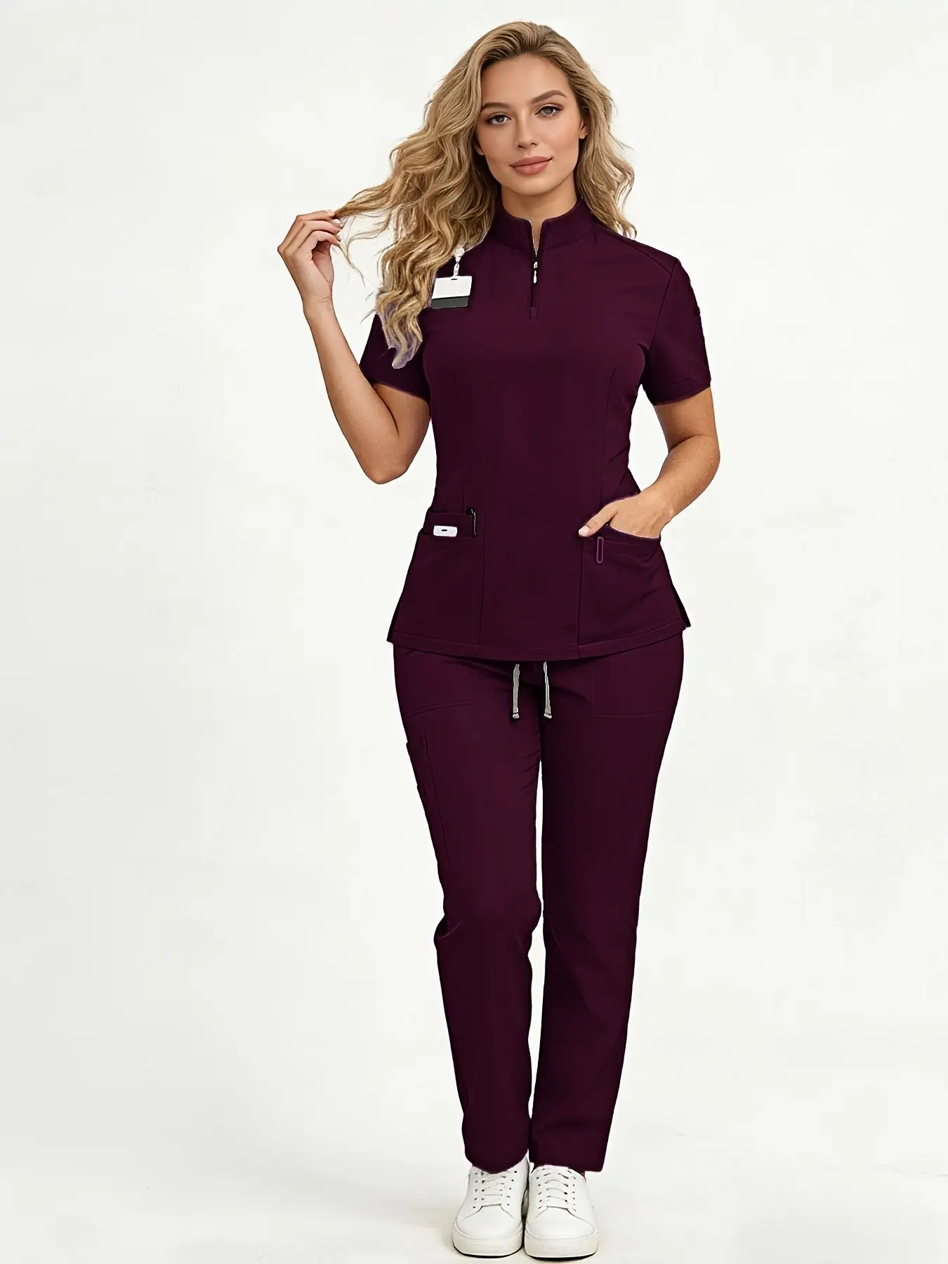 Ladies Healthcare Scrub Set with Short Sleeve, Multi-Pockets, Breathable Quick-Dry Wrinkle-Resistant Fabric, Casual Loose-Fitting Design for Home and Clinic