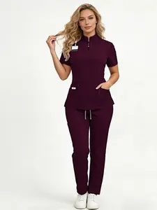 Ladies Healthcare Scrub Set with Multi-Pockets, Short Sleeve, Breathable Quick-Dry Wrinkle-Resistant Fabric, Casual Loose-Fitting Design for Home and Clinic