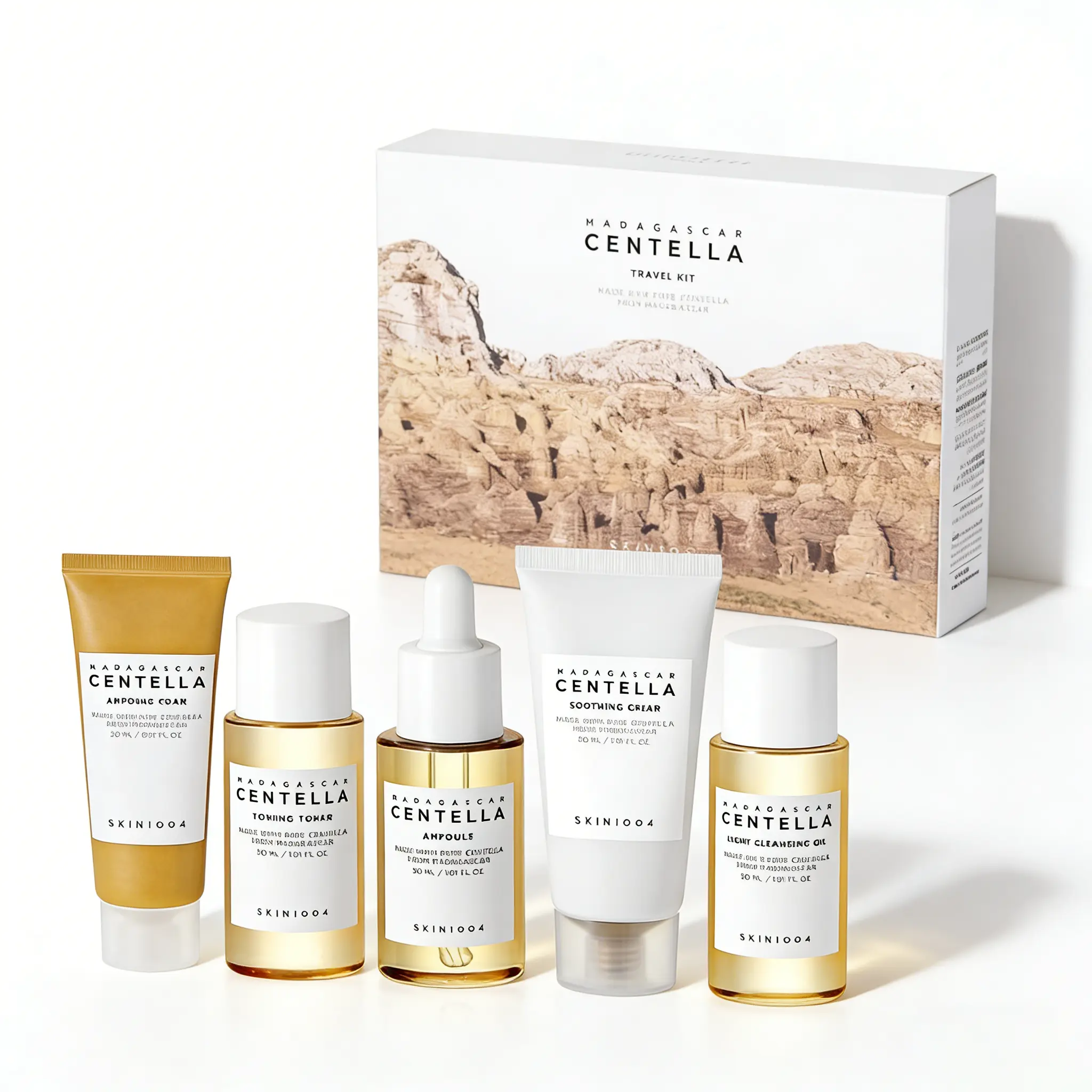 SKIN1004 Madagascar Centella Travel Skincare Set - Gentle Moisturizing Kit with Foam Cleanser, Soothing Cream, Deep Cleansing Ampoule