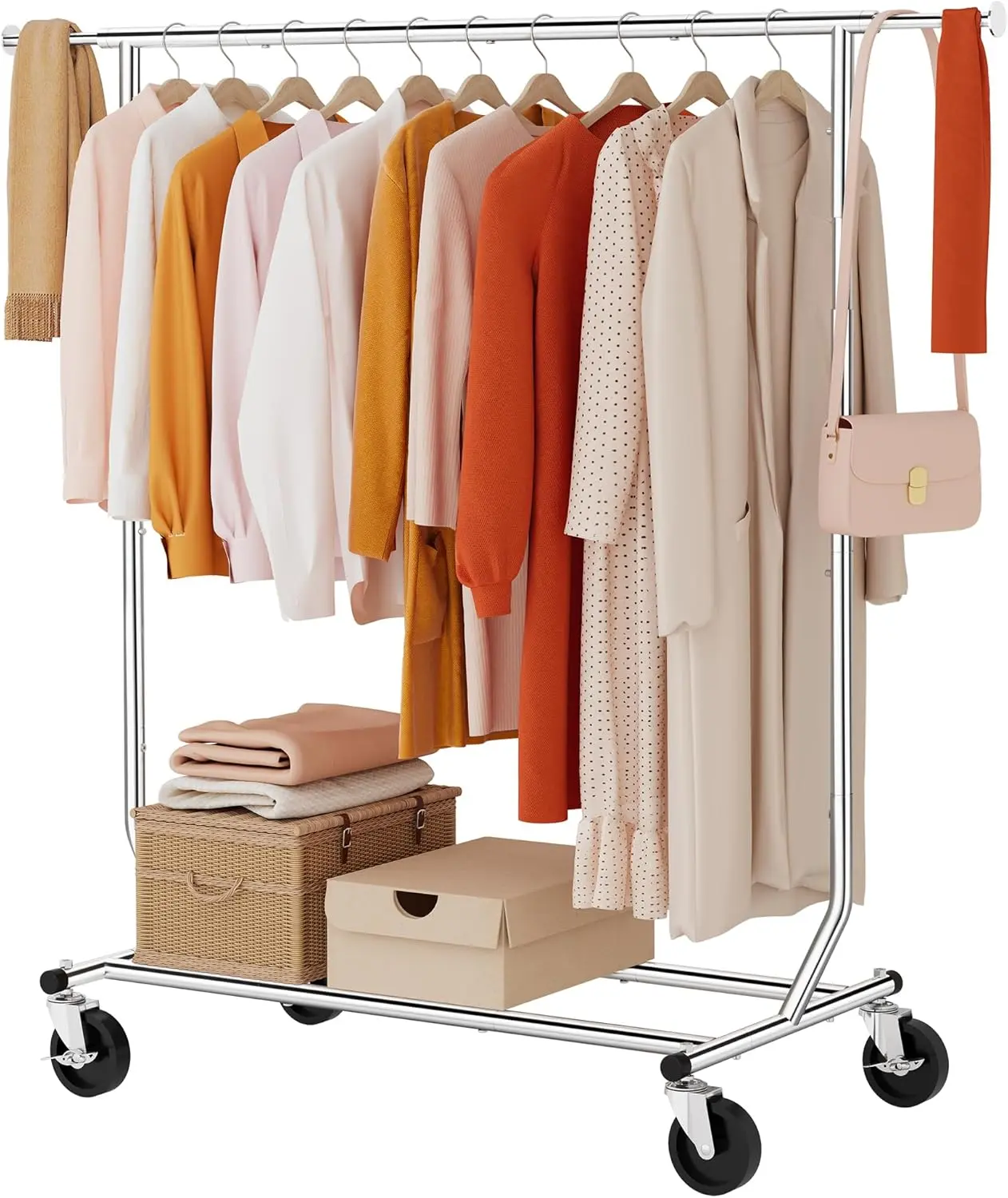 Clothing Rack Heavy Duty Clothes Racks Foldable Garment Rack with Wheels and Extendable Rod, Collapsible Clothing Rack Max Capacity 250lbs, Industrial Rolling Racks with Bottom Shelf, Chrome