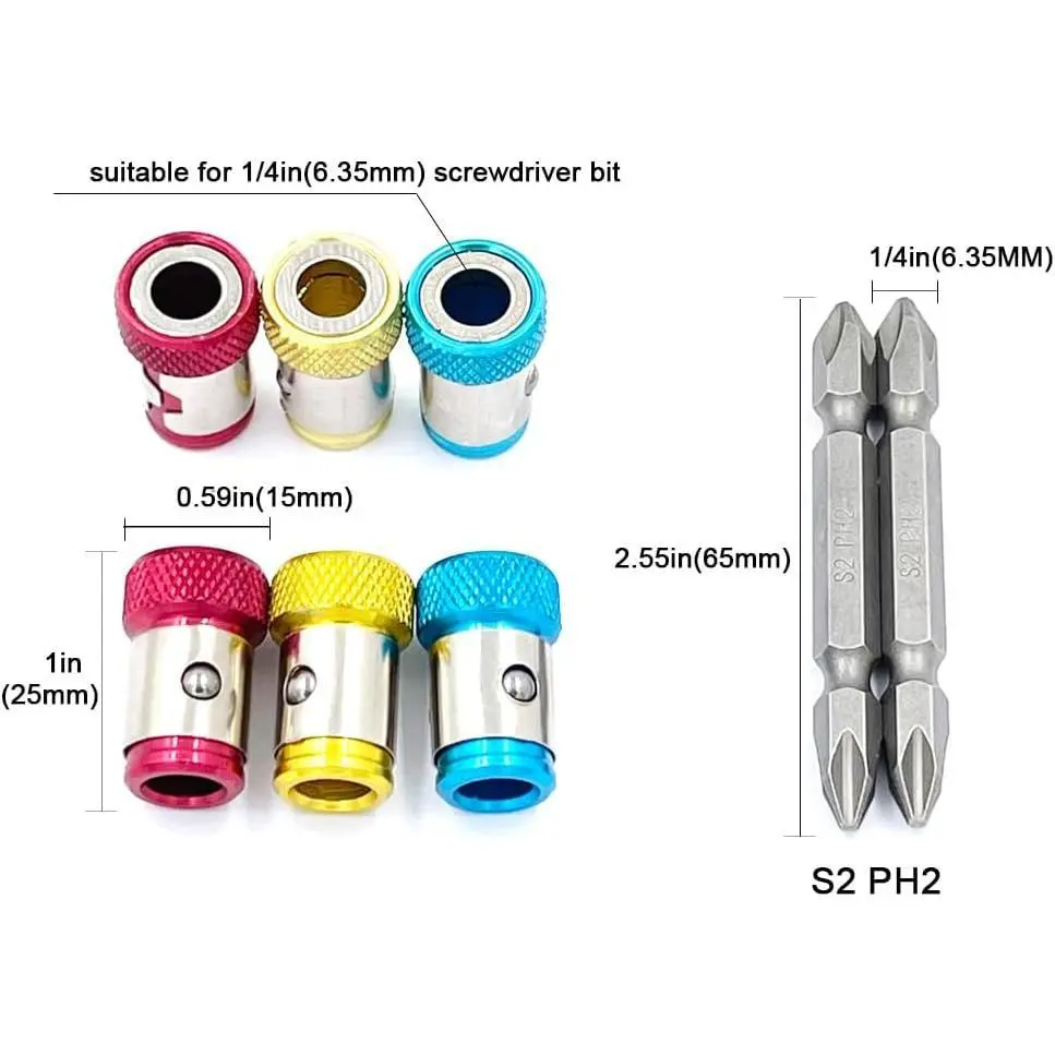 3/6-Piece Magnetic Screw Ring Set with 2 Ph2 Bits for 1/4 Inch Hex Screwdriver Red Yellow Blue Rings Double-Ended S2 Alloy Steel Bits