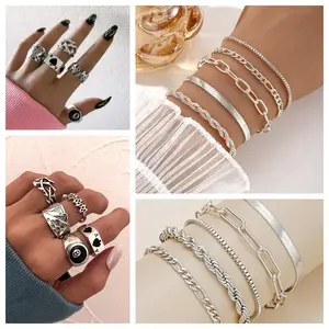 Total 10 pcs Jewelry : 5 pcs of Ring Set and 5 pcs of Bracelet Set,Fashionable Jewelry for Women & Girls, Casual Jewelry for Party, Daily Clothing Decor,Trendy All-match & Exquisite Jewelry, Boho Style Turquoise Texture