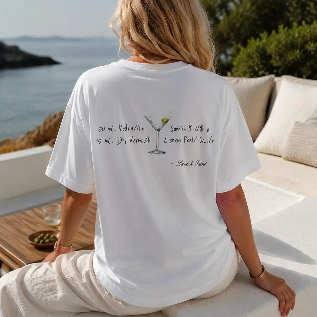 Women's Short-Sleeve Printed Graphic Cocktail Martini Recipe T-Shirt, Oversize Crew Neck Soft Cotton Loose-Fit Streetwear Top for Beach Vacation Daily Wear, Shortsleeve