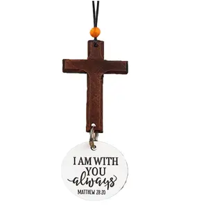 Daily Bible Verse Rearview Mirror Cross Ornament gift for mother mom Daily Scripture Car Charm Hanging Cross for Car with “I Am with You Always” Medallion Keychain stainless steel jewelry