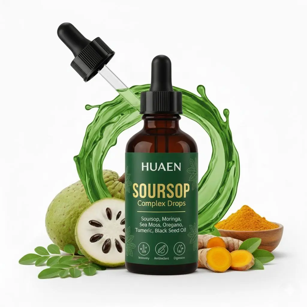 HUAEN 10-in-1 Natural Dietary Soursop Bitters Liquid Drops - Nori, Moringa, Turmeric, Black Seed Oil, Oregano, Ashwagandha Herbs Extracts, Vegan, Non-GMO, No Artificial Colors, 2 fl oz Wellness Supplement