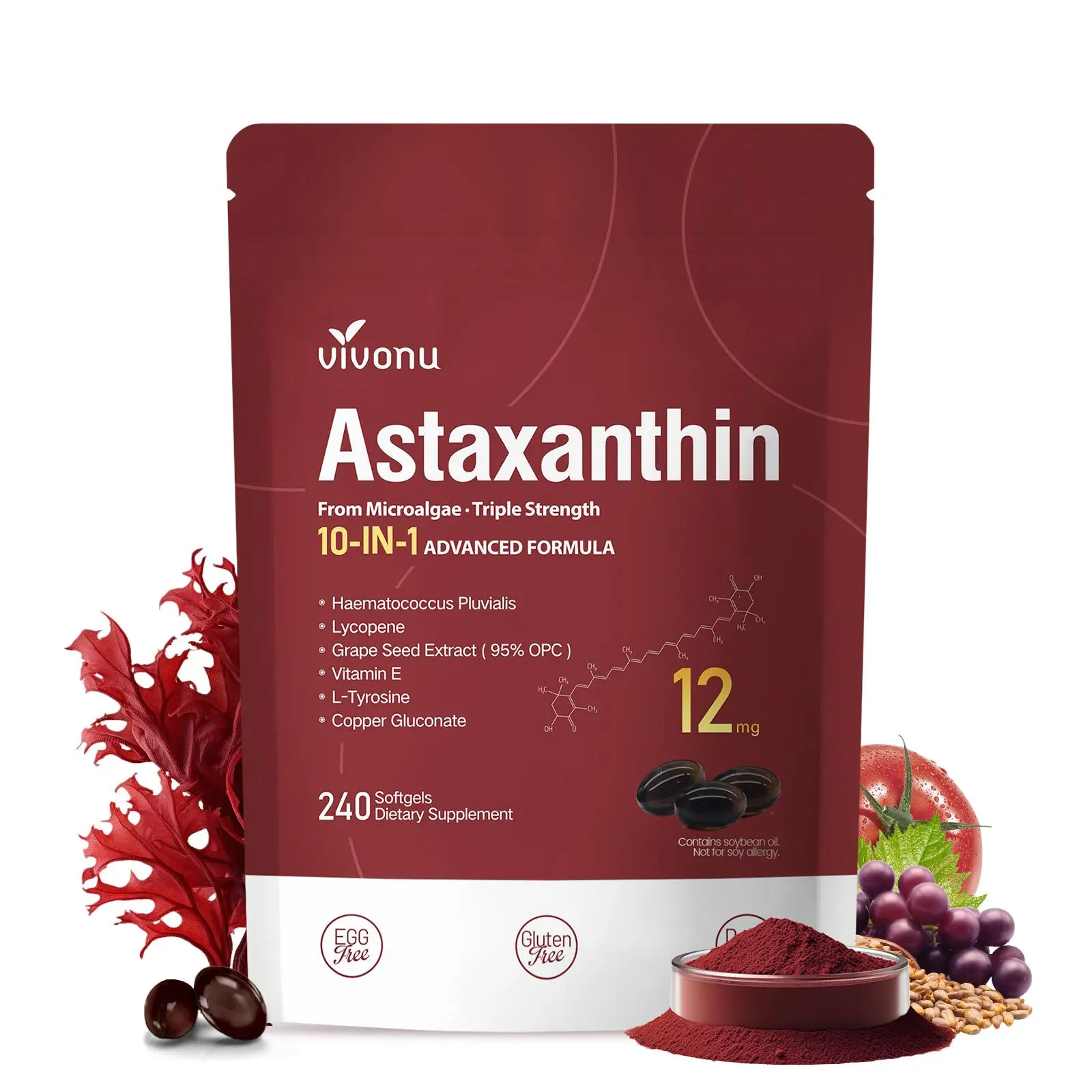 Astaxanthin Capsules | 12mg Astaxanthin + Haematococcus Pluvialis + Grape Seed Extract + Tomato Extract + L-Tyrosine + Vitamin E + Copper Gluconate | Skin Support | Antioxidant Protection | Eye & Metabolism Support |240 Capsules SummerVibes