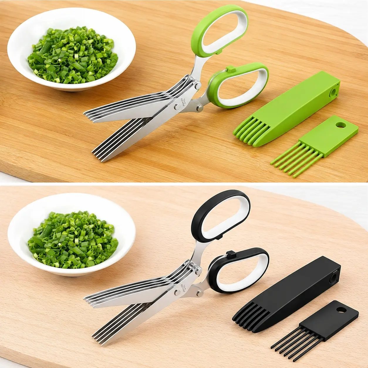 Stainless Steel 5 Blades Scallion Cutter Scissors with Safety Cover and Cleaning Comb, Multi-Layer Sharp Kitchen Herb Shears for Chopping Chives Cilantro Seaweed Chili, Easy Clean Multipurpose Food Cutting Scissors for Home Cooking
