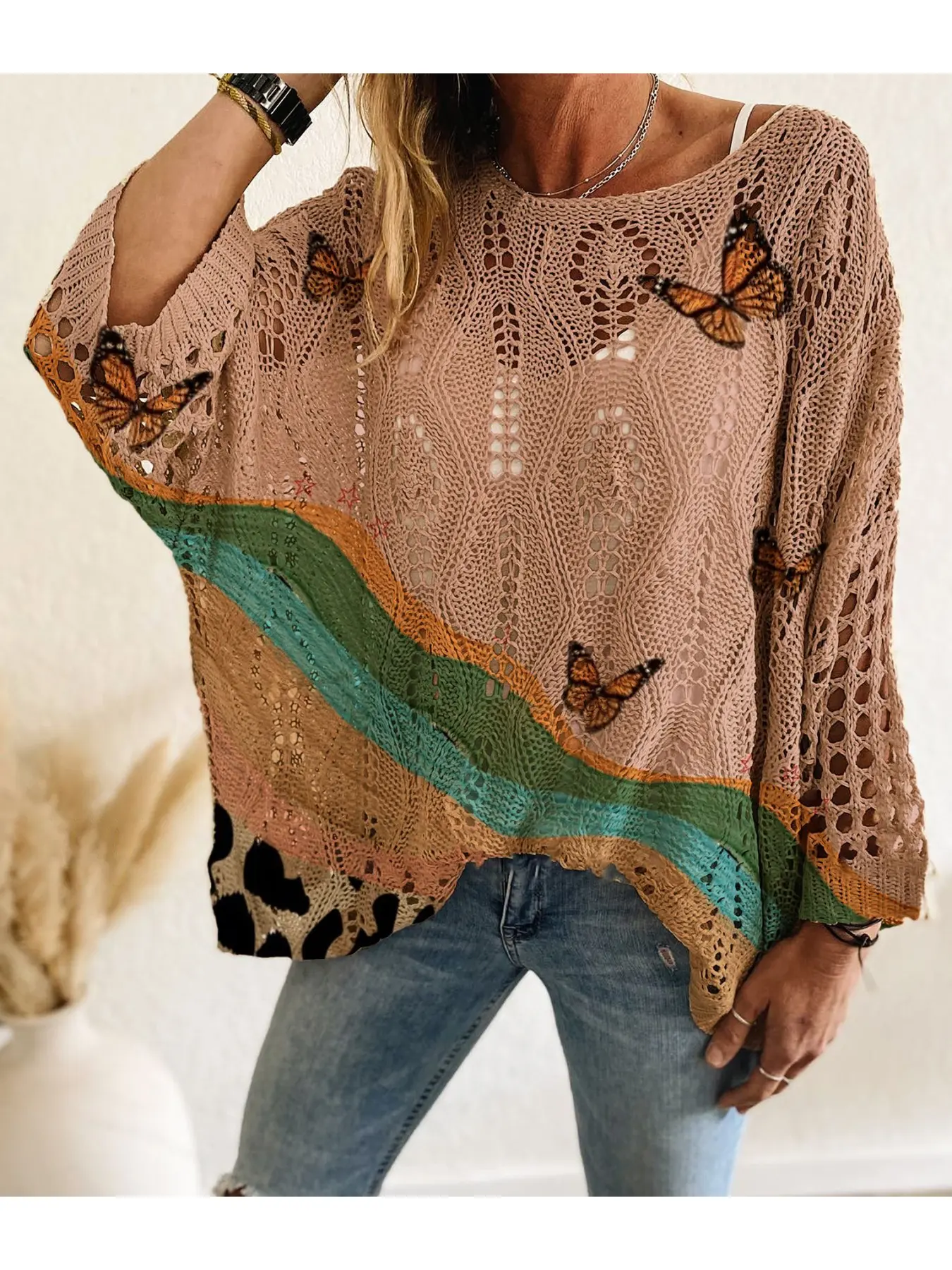 Spring/Summer style, boat neck, diamond hollow out, batwing drop shoulders Oversize, color-block leopard print, butterfly & wave print patchwork, long-sleeve women's knit top, vacation style, casual commute, ladies' vest cover-up, bikini cover-u
