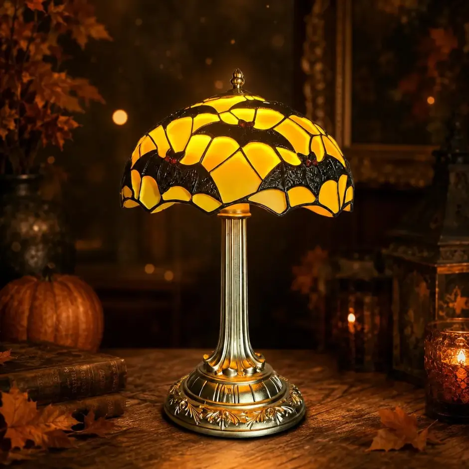 Vintage Gothic Stained Glass Bat Table Lamp - Indoor Halloween Decor, Warm Amber Ambient Glow Night Light, Elegant Metal Base Desk Lamp for Bedroom, Fall Party