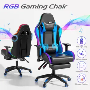 【Wider Seat】Mr IRONSTONE Gaming Chair with Speakers and Rgb Lighting Ergonomic Massage Computer Gaming Chair with Broaden Cusion and Footrest High Back Video Game Chair for Adults Kids Boyfriend Father's Gift, Blue Black and Pink, dealsforyoudays