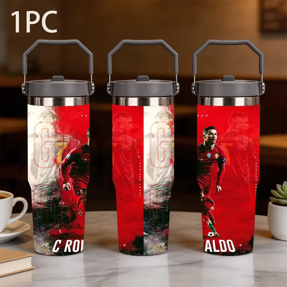 1pc 30oz large capacity portable Stainless Steel thermal cup, Insulated drink cup, Steel, printed with red splash ink collage pattern of the Portuguese national team, Ronaldo in No.7 shirt playing, suitable for Ronaldo fans collection and use
