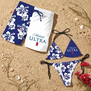 Michelob Ultra Hibiscus Couple Matching Swimsuit Set, Bikini and Short Couple Outfits, Summer Beachwear, Matching Vacation Outfit, Gift for Him Her