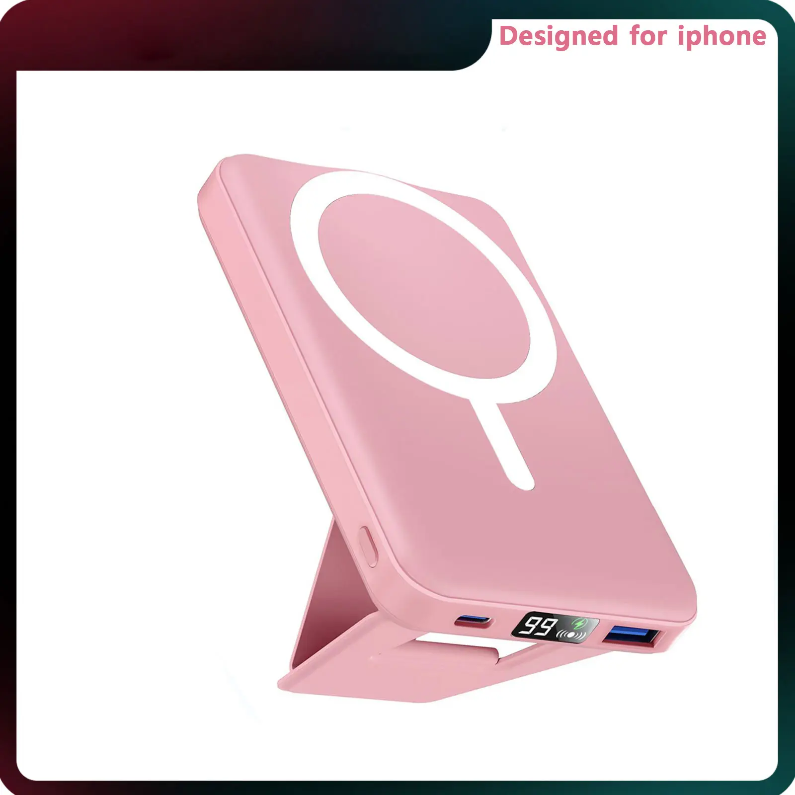 Podoru 10000mAh Foldable MagSafe Wireless Power Bank - Magnetic Rechargeable Charger for iPhone 17/16/15/14/13/12 Series, USB-C Cable, Pink Silicone Multi-Device Accessories, Travel Gadgets