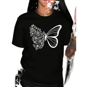 Casual Loose Fit Women’s T-Shirt with Butterfly Print – Suitable for All Seasons