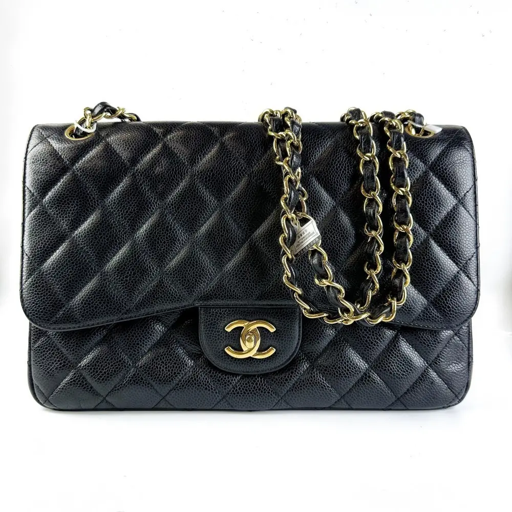 Pre-owned CHANEL Classic Jumbo Double Flap Bag Black Caviar Leather, Gold Hardware, Elegant Fashion Flap Crossbody Shoulder Bag【939】, Crossbody Shoulder Bags, Elegant Shoulder Bag