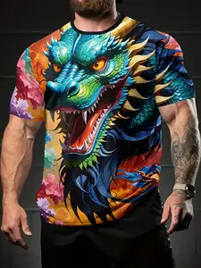 Men's Summer Tropical Dragon Print T-Shirt - Vibrant Short Sleeve Round Neck, Lightweight Polyester Fabric, Bold Mythical Creatures Design, Comfortable Casual Wear for Men, Summer Leisure Attire, Casual Menswear