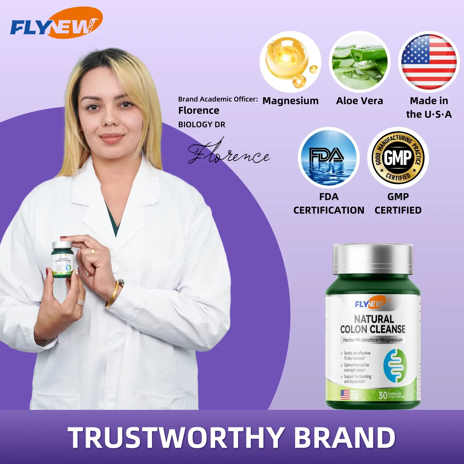 FLYNEW All Natural Organic Gut & Colon Support Edible Dietary Supplement - 15-Day Cleanse, Magnesium-Infused, Botanical Extracts, Daily Gut Balance, Relieves Occasional Constipation & Bloating - 30ct Bottle