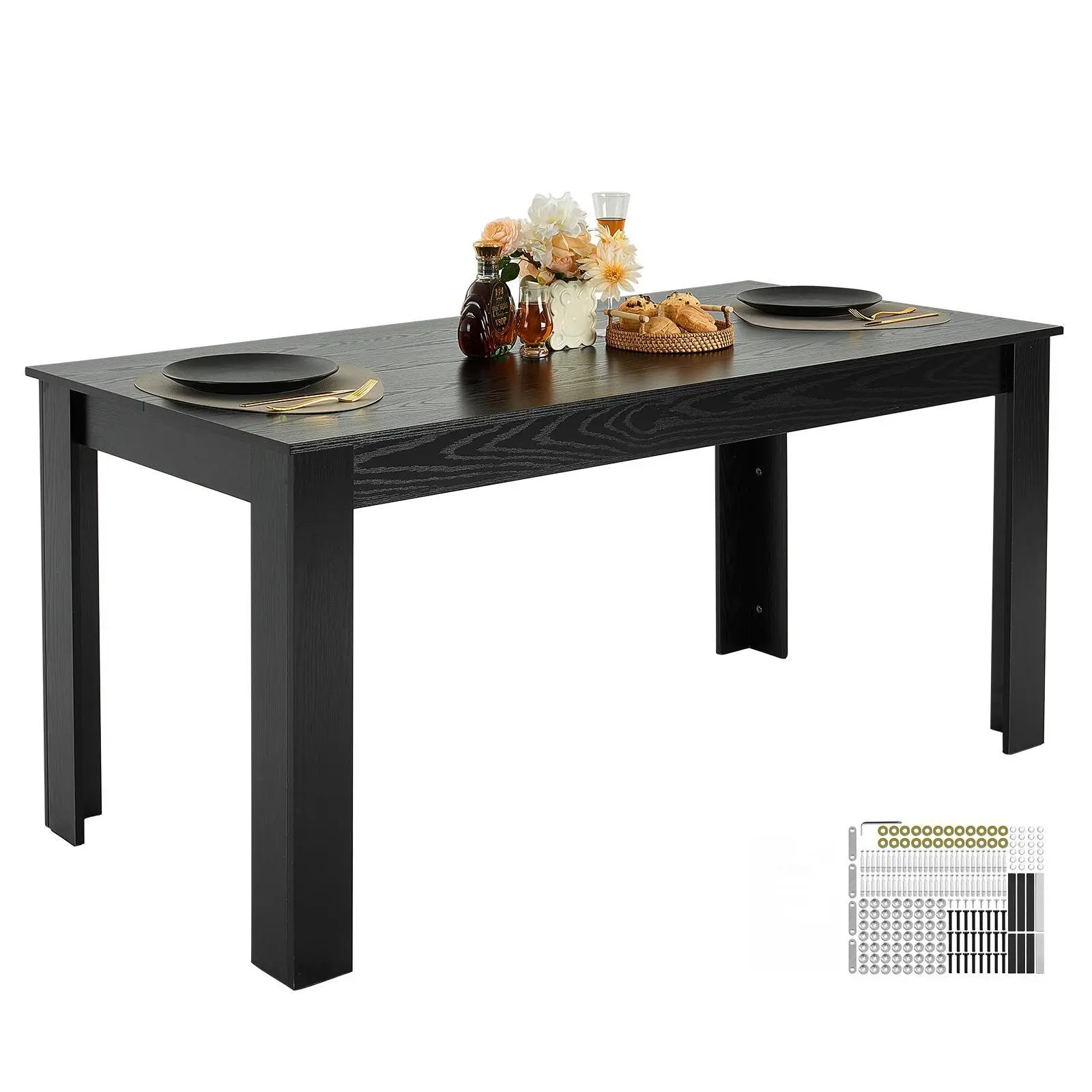 VEVOR 63in Rectangle MDF Laminate Wood Dining Table, Modern Indoor Furniture, Seats 4-6, 330lbs Load Cap, Includes Manual, Ideal for Home Kitchen Restaurants, Black (Only Table)