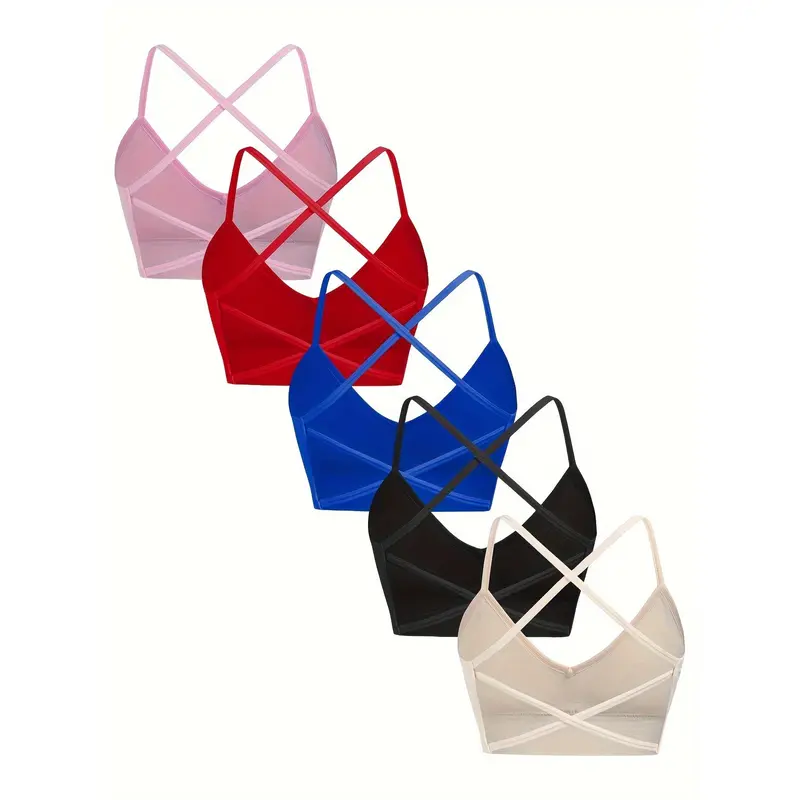 5-Pack Women's Seamless Ribbed Stretch Camisole Top, Double Layer Fabric, Cross Back Design, Comfortable and Breathable Fitness Base Layer - No Chest Pads Included, Running, Sports Vest