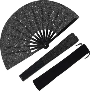 Large Folding Hand Fan Glitter Large Rave Hand Fan, Folding Shiny Hand Fan Clack Handheld Fan Women Handheld Fan with Bag for Festival, Disco Party, Club, Dance, EDM, Home Decoration(Black)