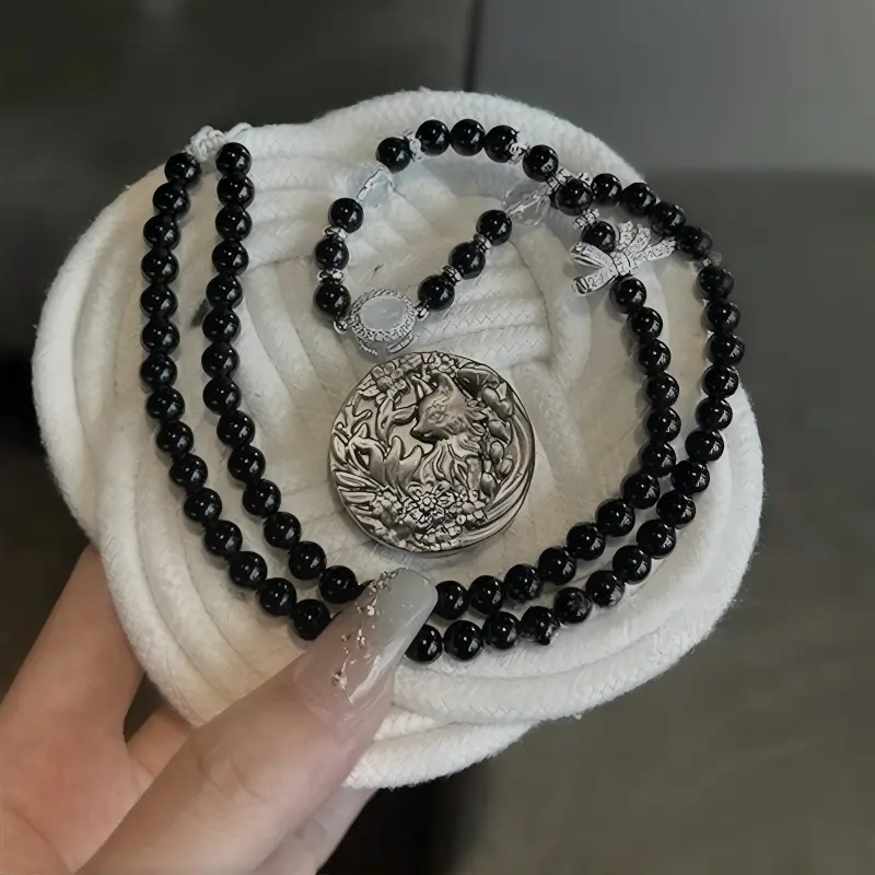 Silver Obsidian Nine-Tailed Fox Necklace | Ward Off Evil and Protect the Home | Auspiciousness and Power | Love and Marriage | Good Luck and Popularity | Wisdom and Spirituality
