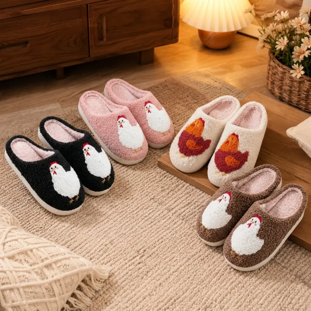 Women's Cute Chicken Plush Slippers, Soft Warm Fuzzy House Shoes, Cozy Cartoon Indoor Outdoor Winter Slippers for Home