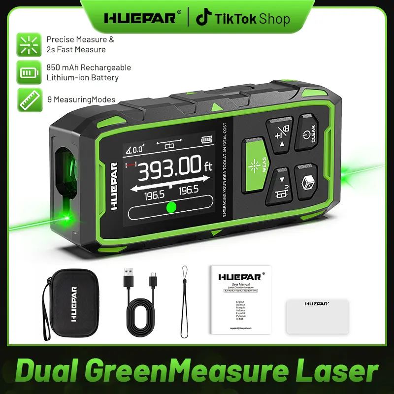 Huepar Dual Laser Measuring Tool, 393Ft Green-Beam Bilateral Digital Laser Distance Measure 6 Units Ft/in/M, Rechargeable Laser Measurement Tool -Backlit LCD Display, Length/Area/Volume/Angle Sensor