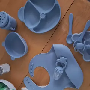 Bear Design Silicone Baby Feeding Set, 11-Piece Baby Dinnerware Set with Bowl, Spoon, Fork, Bib, Straw Cup, Snack Cup and Ice Cube Box, Cutlery Utensil Sets