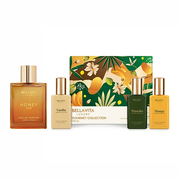 Candy Kiss by BellaVita Luxury | Perfume Combo | Honey Oud EDP 100 ml & Gourmand Collection Gift Set 3x20 ml | Long Lasting Unisex Perfume for Men & Women | Patchouli, Vanilla, Bergamot, Mango & Pistachio Notes | Luxury, Vegan & Cruelty Free Eau De Parfum