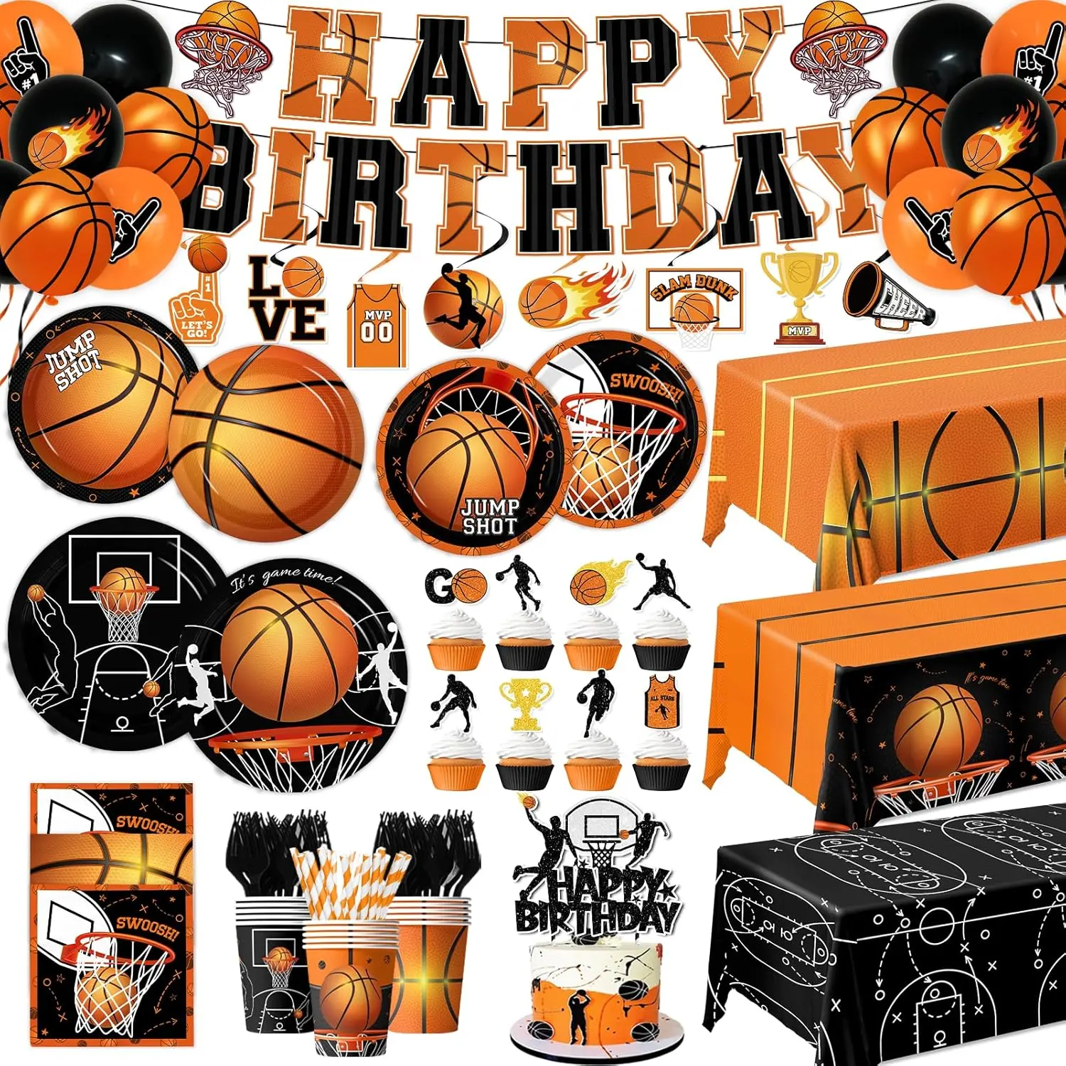 Basketball Party Decorations Basketball Birthday Theme Decoration Disposable Paper Plates,Napkins,Tablecloth,Cups,Balloon,Banner,Hanging Swirls,Cake Topper for Basketball Party Decor Supplies,Serve 24