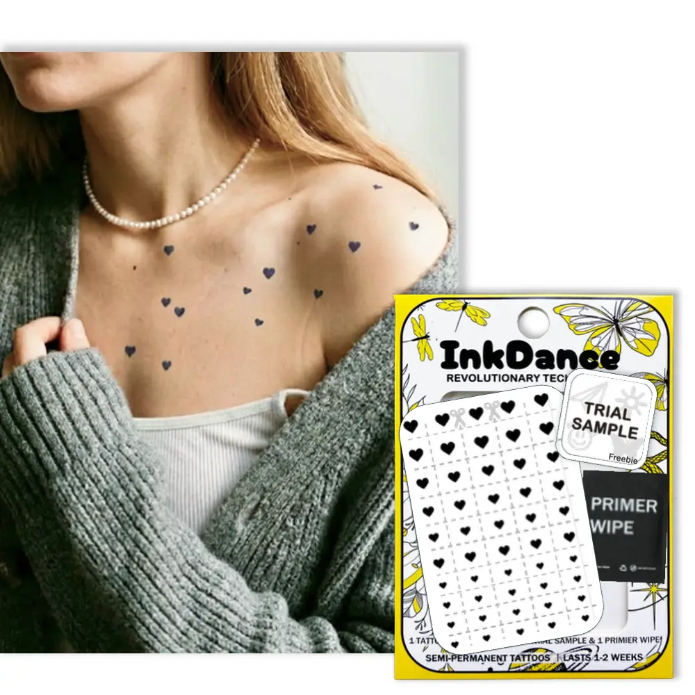 InkDance Semi-Permanent Tattoos - DIY Minimalist Tiny Heart, Assorted Sizes, Waterproof Plant-Based Ink, All Skin Types, 1-2 Weeks Long-Lasting, 24-Hour Color Development, X014