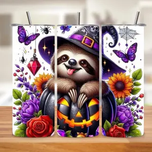 Sloth Halloween Themed 20oz Tumbler with Colorful Flowers and Spiders Design for Halloween Fun