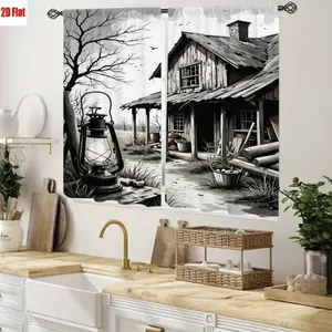 2D Flat 2Pcs Rustic Farmhouse Scene Curtain with Vintage Lantern and Cabin, Countryside Landscape Print, High Definition Digital Printing, Black White Artistic Style, All-Season Curtains for Home Living Room Bedroom Kitchen Outdoor Patio Decorati