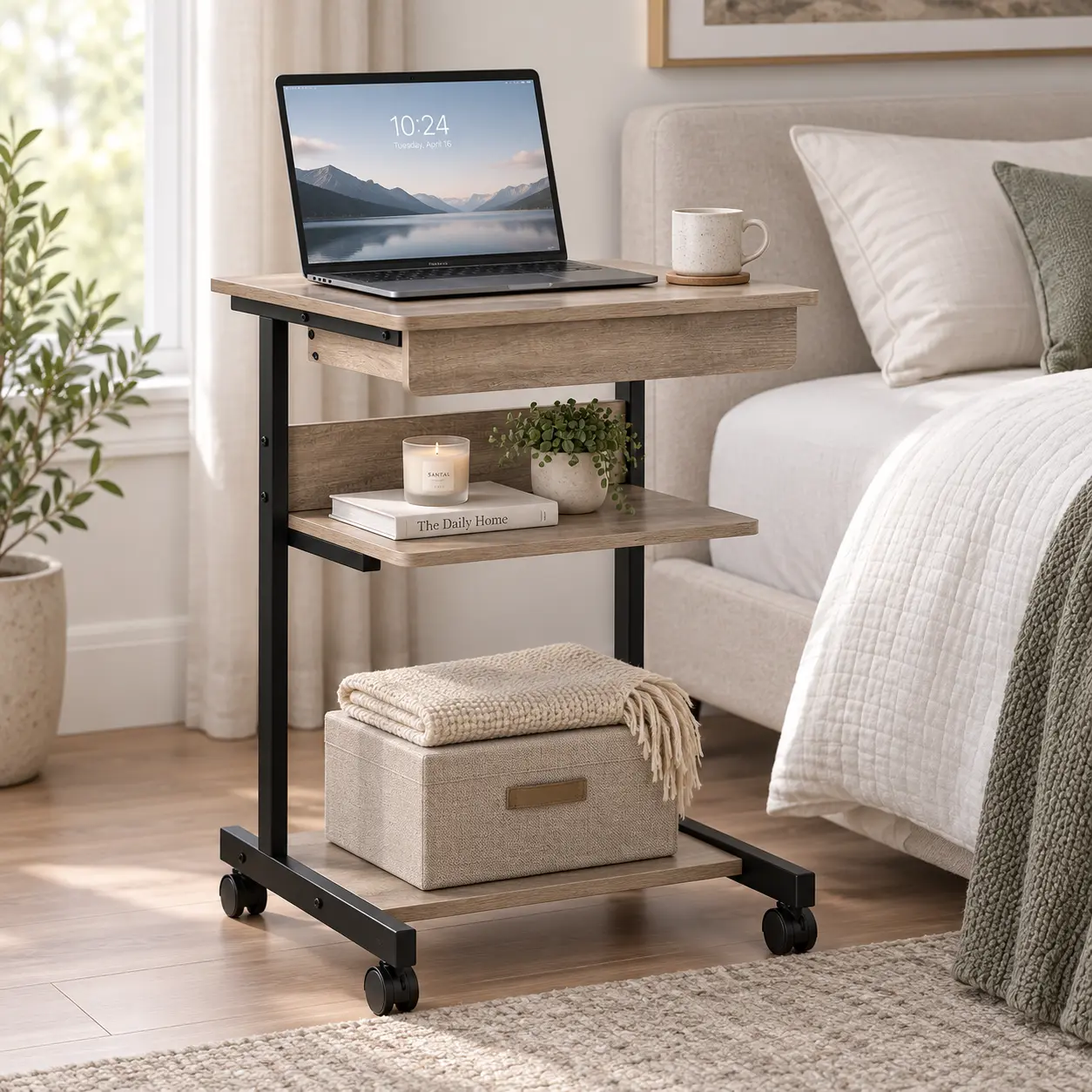 Costoffs 31.5" Sturdy Wood-Metal Portable Rolling Laptop Desk - Ergonomic Mobile Computer Workstation, 4-Wheeled Silent Casters with Built-In Locks, Drawer, Compact Cabinet, Space-Saving Home Office Furniture, Assembly Required
