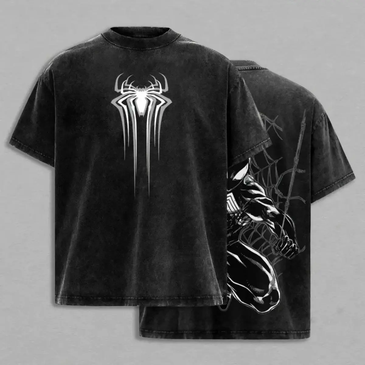 Spider Black Web Hero Washed Colors T-Shirt, Gray Washed Anime Spider Graphic Tee, Front and Back Web Warrior Streetwear Shirt, Gothic Superhero Gift for Men Women