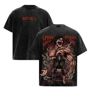 Vintage Eren Yeager Graphic Tee | Heavy Cotton Oversized Washed Shirt | Attack on Titan Anime Streetwear Men Women | Retro AOT Tops Gym Pump Cover | 90s graphic good tees Casual American Short Sleeve T-shirt | Y2K Vintage Anime Washing T-Shirt