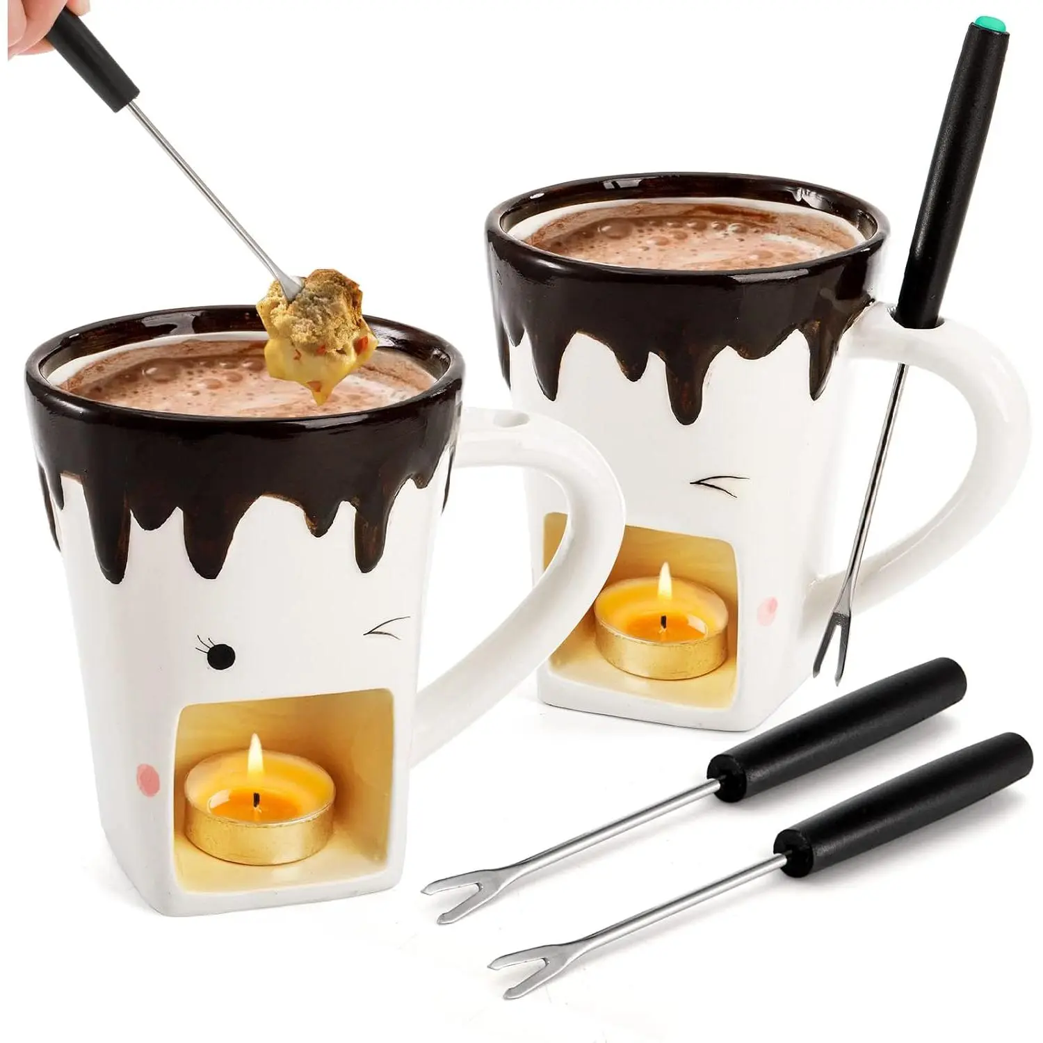 Ceramic 2-Piece Fondue Mug Set with Forks - Kitchen Personal Melting Cup for Chocolate, Butter Warmer Pot, Tealight Candle Mini Simmer Mug for Caramel