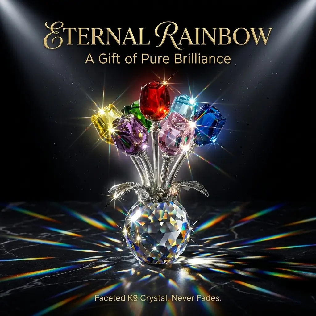 Colorful K9 Crystal Rose Bouquet Decor Elegant Glass Flower Figurine w/ Vase, Handmade Aesthetic Ornament for Desk, Bookshelf, Bedroom, Living Room & Office, Romantic Gift Idea for Women,Wife, Lover – Birthday,Wedding Anniversary,Valentine’s Day,Christmas