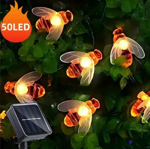 50 LED Solar Bee String Lights 8 Lighting Modes Waterproof & Rechargeable Perfect for Patios, Yards, Gardens, Weddings, Halloween, Valentine's Day, Easter, Christmas Parties Decorative Hanging Solar Lights