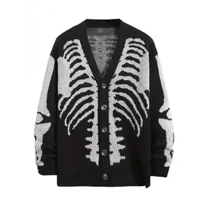 Men's Plus Size Skeleton Print Long Sleeve Cardigan Sweaters V Neck Button Down Outwear Coats