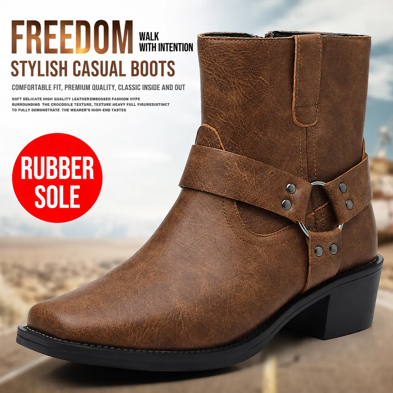 Men's Vintage Harness Motorcycle Boots - Retro Western Cowboy Ankle Boots, Side Zip Comfort Riding Boots in Premium Vegan Leather / boots men