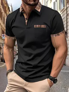 Men'S Stylish Casual European And American Cross-Border Solid Color Checkered Pocket Short-Sleeve Polo Shirt