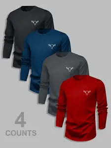 Men's Classic 4-Piece Set, Cow Print Graphic Bull Casual Long Sleeve T-Shirts, Fitted Moderate Fabric, Spring & Fall Basic Tops