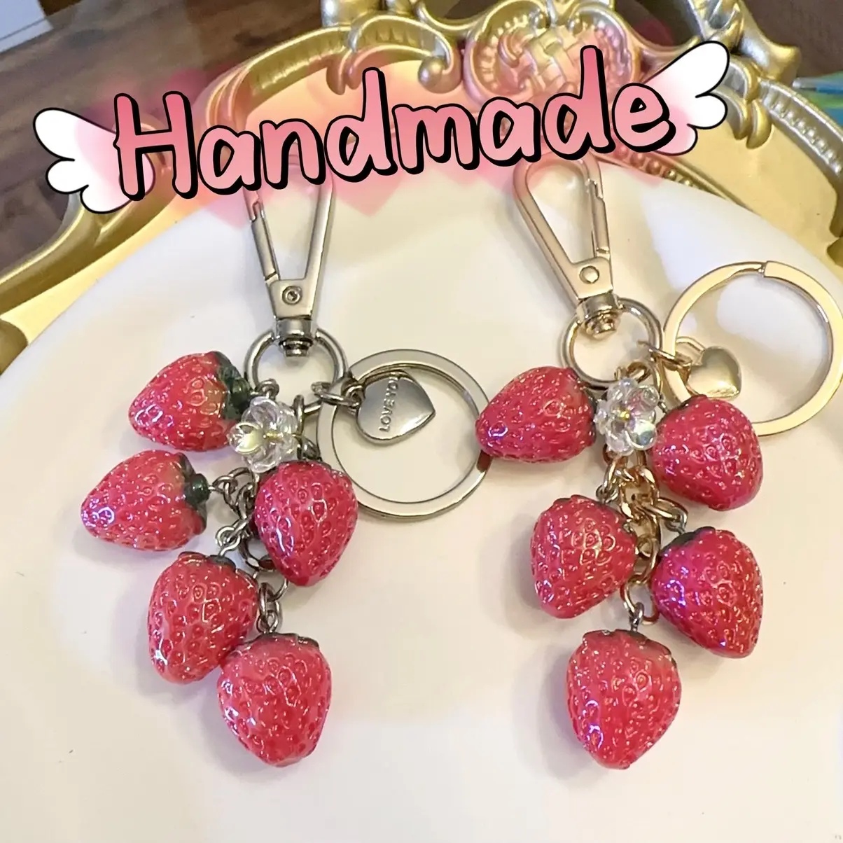 Handmade Gifts  Red Resin Strawberry Flower Bag Charm, Gold &Sliver Keychain