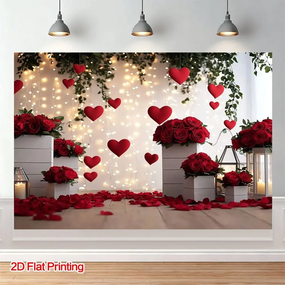 1PC 2D Flat Polyester Romantic Valentine's Day Rose Hanging Cloth - Party Decoration Supplies, Birthday Party Backdrops, Banners with Red Heart-shaped Petal String for Wedding Proposal, Photography Curtain