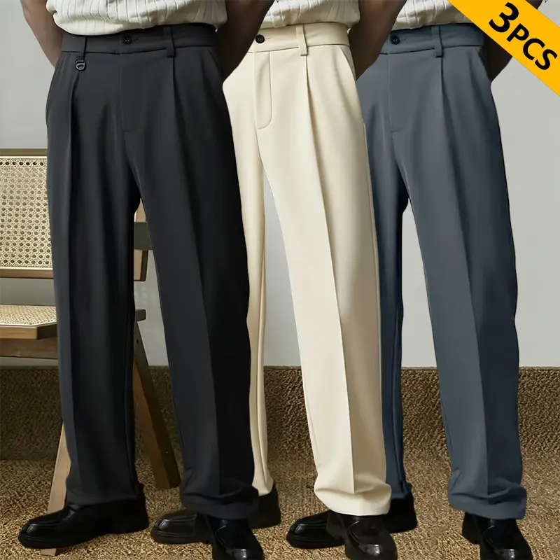 3-pack — Men’s classic straight-leg casual pants, solid color with pockets, business-style dress trousers, retro Japanese style, polyester fabric, suitable for everyday wear and commuting to work