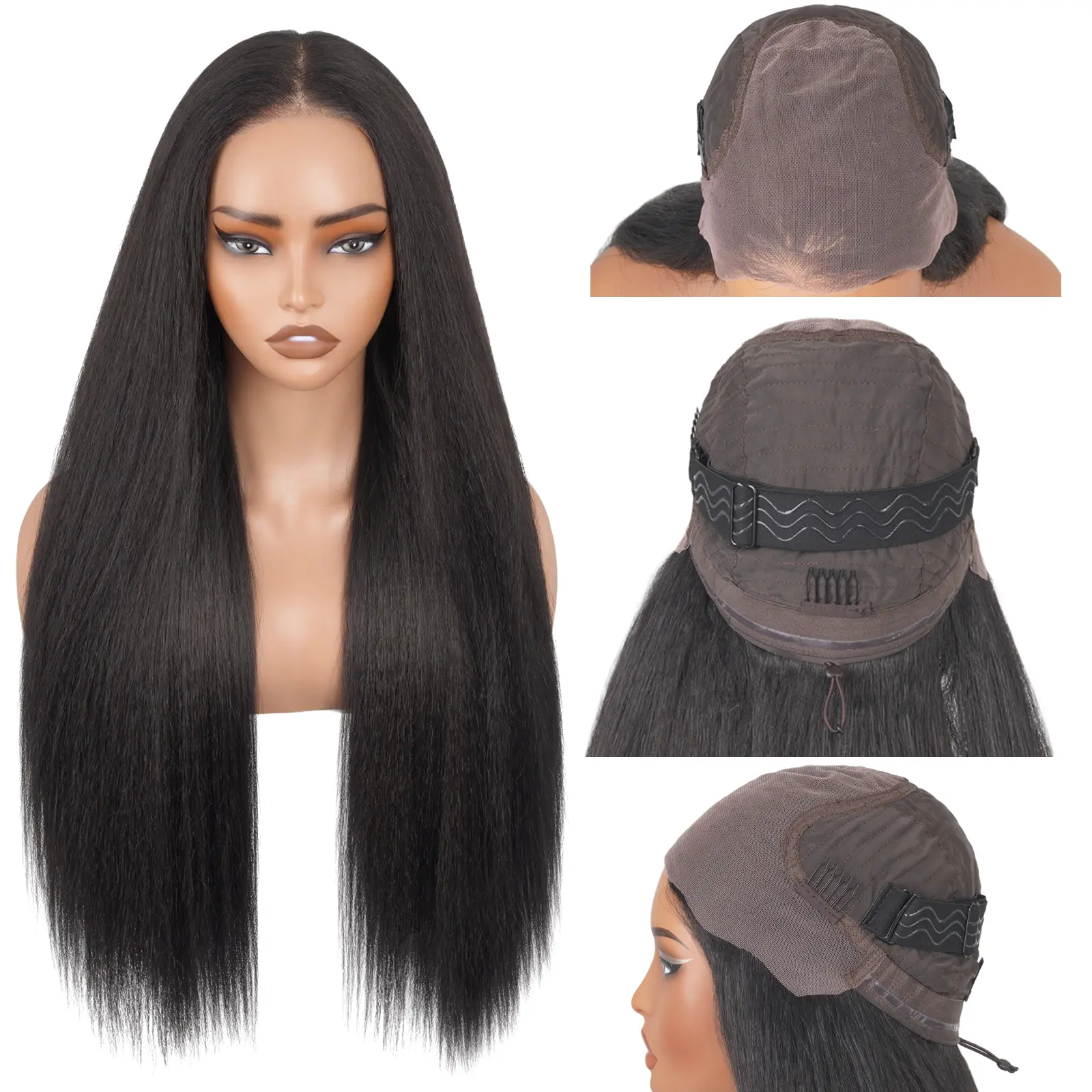 Lush Haute Glueless Yaki Straight Wigs Wear and Go with Drawstring Lace Front Synthetic Wig for Women Pre Plucked Pre Cut Yaki Straight Wig 180% Density 26Inch