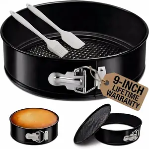 9 Inch 4mm Thickness Non-stick Springform Cheesecake Pan with Removable Bottom Leakproof Round Cake Mold for Baking, Black, includes Silicone Oil Brush and Silicone Scraper