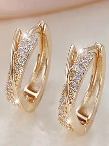 1 pair of elegant rose gold lady's circle earrings - Exquisite and compact luxury design, set with sparkling synthetic zircon, perfect for daily wear and parties, novel earrings, Dainty Fashion Jewelry, Elegant Minimalist Earrings