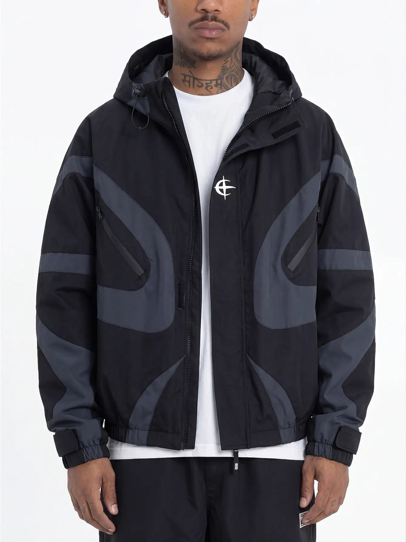 2-Pack Men’s Black & Gray Colorblock Patchwork Hooded Functional Windbreaker Jacket, Vintage Street Print, Loose Fit, Zipper Closure, Windproof Sports Outerwear, Drawstring Cuffs at Sleeves, Casual Softshell Jacket, Party, Chic, Cute, Korean, Retro, Woven